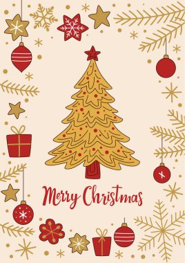 Süslemeler, balolar, kar taneleri, köknar dalları ve yıldızlarla çevrili altın bir Noel ağacı olan şık bir Noel kartı. Minimalist tarzda yeni yıl kartı. Kırmızı ve altın rengi, bej arkaplan. Noel kartpostalı.