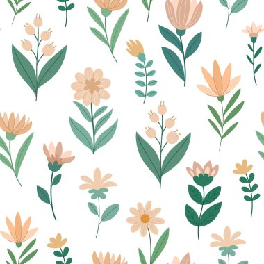 Bahar çiçekleri pürüzsüz desen. Narin el çizimi sarı çiçekler saf düz desen. Vadi zambakları, papatyalar ve diğer çiçekler. Beyaz arkaplan.