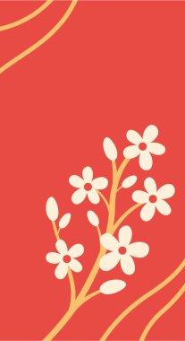 Kırmızı dikey arka plan, çiçekli ve altın çizgili güzel ağaç dalı. Çin Yeni Yılı ve diğer tatiller için bir şablon. Beyaz çiçekler.