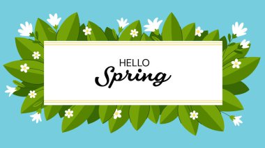 Beyaz çiçekli bahar afişi, vadinin zambakları ve yaprakları. Bahar indirimi, bahar selamlaması, davet ve diğer tasarımlar için arkaplan. 