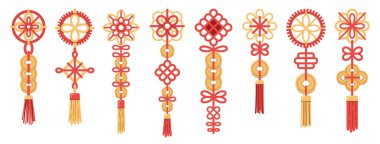 Chinese Lucky knots collection in red and gold, featuring tassels, coins, and intricate geometric patterns. Symbolizing prosperity and harmony, perfect for festive or cultural designs. clipart