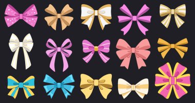 Pembe ve diğer hassas renklerde fiyonk koleksiyonu. Düğün süslemeleri, Sevgililer Günü ve diğer tatiller için. Koyu arkaplan.