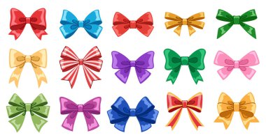 Şenlik yayları ayarlandı. Hediyeler, kartlar, şenlik tasarımı için parlak renkli dekoratif yay koleksiyonu. Beyaz arkaplan.