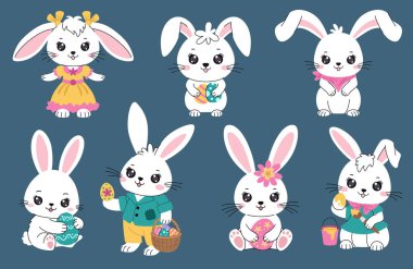 Şirin Paskalya Tavşanları seti. Yumurtalı, aksesuarlı ve elbiseli Paskalya tavşanları koleksiyonu, yumurta sepeti. Kartlar, pankartlar ve diğer tasarımlar için yumurta tutan ve boyayan tavşanlar. Sevimli karakterler.