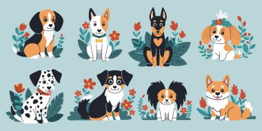 Şirin köpekler kümesi vektörü. Farklı cinsten sevimli karalama köpekleri çiçeklerin içinde oturuyor. El yapımı hayvan koleksiyonu. Şirin köpekler..