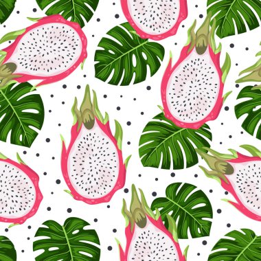 Egzotik meyveler ve pürüzsüz yapraklar. Pitahaya ve canavar yapraklı tropik bir arka plan. Kumaş, duvar kağıdı ve diğer tasarım için mükemmel desen. 