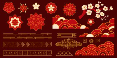 Çin Yeni Yıl tasarım elementleri ayarlandı. Bulutlar, çiçekler, geleneksel Çin tarzında geometrik desenler. Pankartlar, posterler, kartlar ve diğer tasarımlar için. Kırmızı, altın ve beyaz renkler.