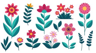 Soyut çizgi film çiçekleri seti. Parlak el, İskandinav motifleriyle modern bir bahar çiçeği çizdi. Beyaz arka planda koleksiyon. Şirin çiçek koleksiyonu