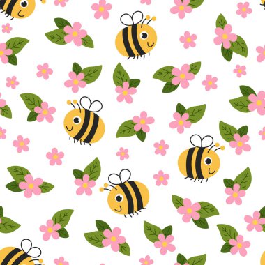 Bal arıları ve çiçeklerle çocukların kusursuz desenleri. Kumaş, ambalaj kağıdı ve diğer tasarımlar için güzel bir el çizimi. Beyaz arka planda tekrarlanan şablon. Arılar ve Çiçekler