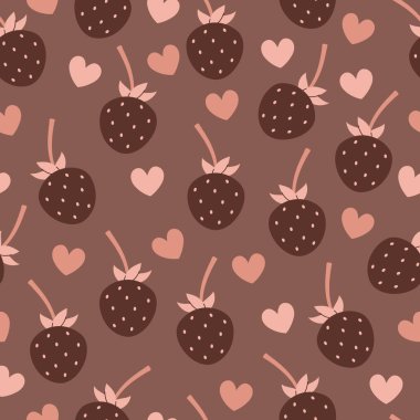 Çilek ve kupa desenli tatlı bir karikatür. Çikolata ve pembe lezzetli renkler. Sevgililer Günü için hoş bir romantik model. Kahverengi arkaplan.