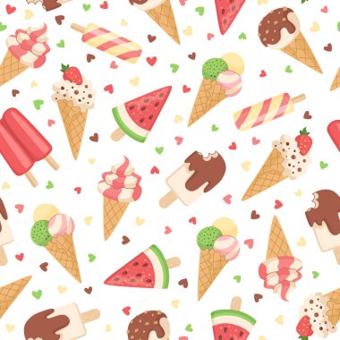 Çizgi film yaz dondurması kusursuz desen. Farklı dondurma çeşitleri ve renkli kalplerin tatlı arkaplanı. Beyaz arkaplan.