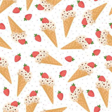 Yaz çizgi filmindeki dondurmalar ve çilekler dikişsiz desen. Beyaz arkaplanda tatlı tazeleyici tatlılar.