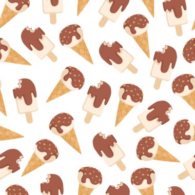 Çikolata kaplı, dikişsiz çizgi film desenli dondurma külahları. Tatlı yemek, kusursuz bir arka plan..