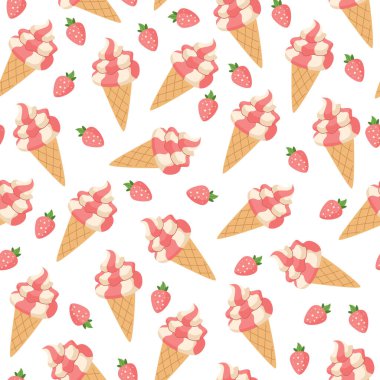 Çilekli dondurma külahları ve dikişsiz çilekler. Yaz çizgi filmi tatlı arka plan. Beyaz arkaplan.