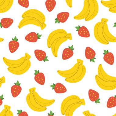Meyve ve çilekli, dikişsiz yaz deseni. Beyaz arka planda muz ve çileklerin tatlı arka planı. Sevimli el çizimi egzotik yemek deseni Yaz yemekleri deseni.
