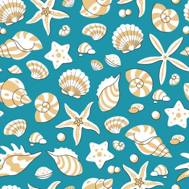 Turkuaz arka planda deniz yıldızı ve deniz kabukları serpiştirilmiş şirin, dikişsiz bir yaz deseni. Deniz altı yaşam geçmişi. Duvar kağıdı, kumaş ve diğer tasarım için yaz el çizimi arka plan.