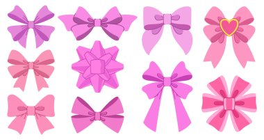 Şirin pembe dekoratif fiyonklar. Sevgililer günü, doğum günü ve diğer bayramlarda hediye paketlemek için bağlı papyonlar. Romantik tatil öğeleri koleksiyonu. Beyaz arkaplanda izole.