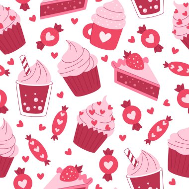 Şirin kekler, şekerler ve kalpsiz içecekler. Sevgililer günü, düğün, doğum günü ve diğer tatiller için tatlı içeren pembe romantik bir geçmiş. Beyaz arkaplan.