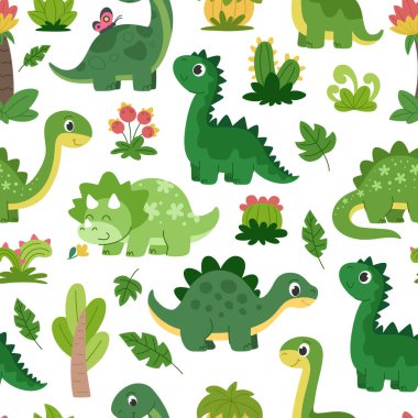 Çizgi film bebek yeşil dinozorlar kusursuz desen. Dinozorları ve bitkileri olan çocuklar için hoş bir özgeçmiş. Beyaz arkaplan.