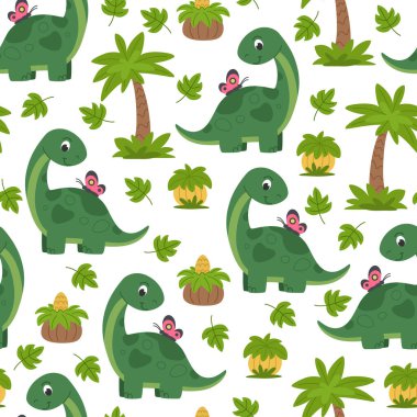 Şirin dinozorlar, çizgi film desenleri. Dinozorların kusursuz deseni ve çocuklar için tarih öncesi bitkiler. Beyaz arkaplan.