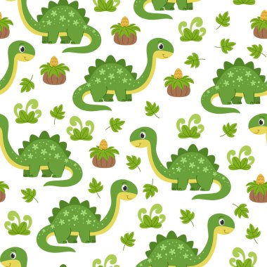 Şirin dinazor bebek kusursuz desen. Yeşil dinozorlar, tarih öncesi çalılar ve eğrelti otları. Beyaz arkaplan.