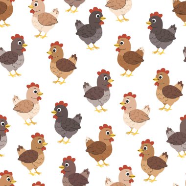 Tavuklarla çocuk çizgi filmi deseni. Kümes hayvanlarıyla şirin bir şablon. Farklı renklerde, pürüzsüz arka planda tavuklar. Beyaz arkaplan.