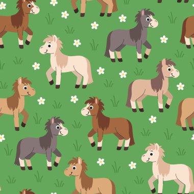Çocukların çizgi filmlerindeki kusursuz at desenleri. Çayır çocuklarının arka planında atlar otluyor. Yeşil arka plan, hayvanlar ve çiçekler. Çiftlik yaz geçmişi.