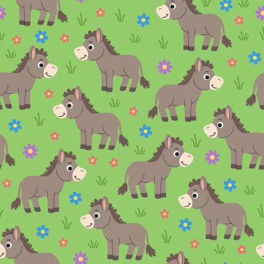 Çocuk çizgi filmlerinde kusursuz eşek deseni. Çayır çocuklarının arka planında otlayan eşekler. Yeşil arka plan, hayvanlar ve çiçekler. Yaz köyü geçmişi.