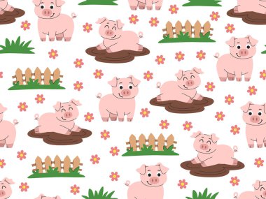 Çiftlikteki çizgi filmlerdeki şirin domuzlar gibi. Su birikintisinde mutlu domuzlar, çitler ve çiçeklerle dolu bir köy. Beyaz arkaplan.