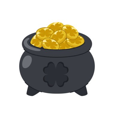 Dört yapraklı yonca ikonlu uğurlu sikkelerle dolu bir leprikon saksısı. Aziz Patrick Günü için kutlama öğesi. Beyaz arkaplan.