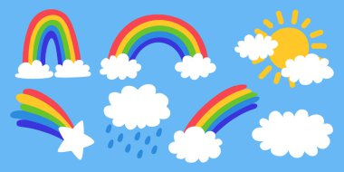 Çocuk çizgi filmi, gökkuşağı, güneş, bulutlar ve yıldız. Yaz havası ve fenomenleri. Mavi arkaplan.