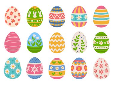 Easter eggs set with floral patterns, stripes and ornaments. White background.