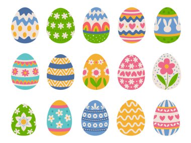 Easter eggs set with ornaments of flowers, hearts and other patterns. Vintage collection. White background.
