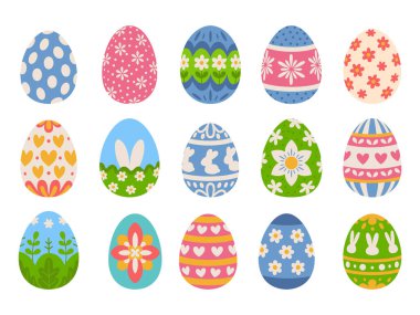 Easter eggs set. Eggs painted with polka dots, flowers, hearts, rabbits and other Easter ornaments. White background.