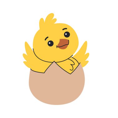 Tavuk yumurtadan çıktı ve kanatlarını çırptı. Çocuk çizimi. Tatlı Paskalya karakteri. Beyaz arkaplanda izole