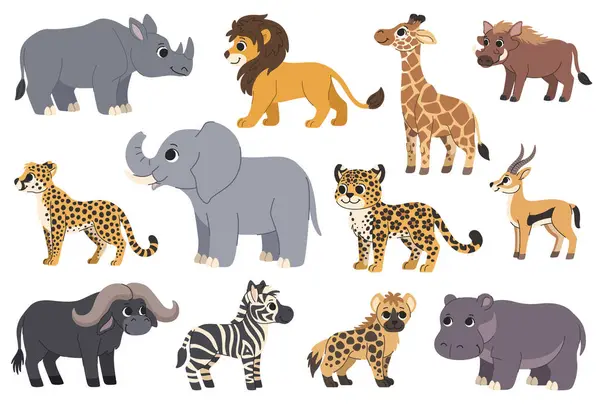 Afrika hayvanları çocuk çizgi film seti. Savannah sakinleri şirin hayvan koleksiyonu. Fil, aslan, gergedan, su aygırı, zebra ve diğer hayvanlar. Beyaz arkaplanda tırman.