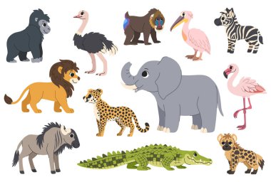 Çizgi film çocukları Afrika hayvanları seti. Afrika 'nın hayvanları ve kuşları. Goril, devekuşu, manmatkap, pelikan, zebra, aslan, fil, antilop, çita, timsah, sırtlan. Beyaz arkaplanda izole.