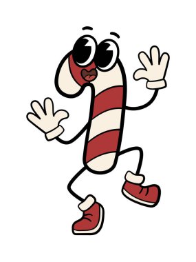 Şeker kamışı karakteri. Komik çizgi film, dans eden harika Noel şekeri..