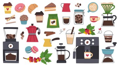 Çizgi film kahve seti. Kahve makineleri, kahve öğütücü, makine ve diğerleri. Şekerler, fincanlar, yapraklı böğürtlenler, kahve aksesuarları. Beyaz arkaplanda izole.