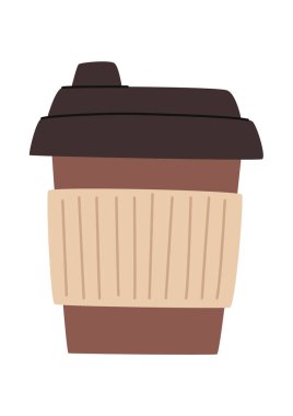 Karikatür kağıt kahve fincanı, kapaklı ve karton kaplamalı. Beyaz arkaplanda izole.