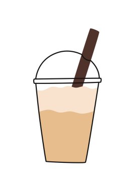 Tek kullanımlık plastik bardakta kamışla kahve. Yeni bir dairenin çizimi. Beyaz arkaplan.