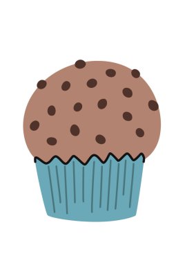 Çikolata parçacıklı çizgi film keki. Vektör düz çizim. Beyaz arkaplan.