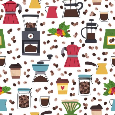 Kahve yapma ve depolama aksesuarları, böğürtlen ve fasulye pürüzsüz desen. Gayzer kahve makinesi, kahve öğütücü, Fransız presi, dökülmüş meyve ve dalda kahve dutları. Kusursuz arkaplan.