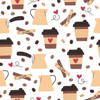 Kahve karikatürü deseni. Kağıt kahve fincanları, çerezler ve şeker çubukları. Kusursuz tekrarlayan arkaplan.