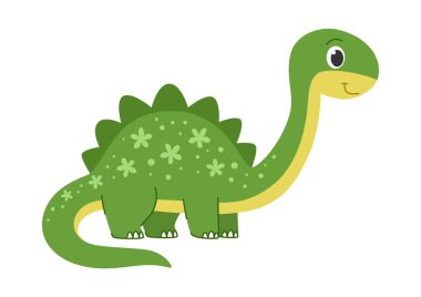 Çocuk çizgi filmi dinozor diplodocus, brachiosaurus, brontozor. Sevimli küçük tarih öncesi hayvan. Beyaz arkaplanda vektör illüstrasyonu.
