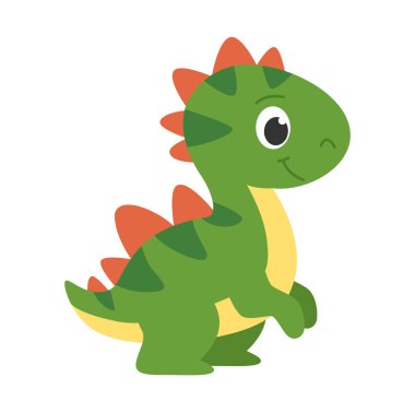 Şirin yırtıcı dinozor tyrannosaurus. Yeşil çizgili ve kırmızı dikenli dinozor çocukları. Sevimli küçük tarih öncesi hayvan. Beyaz arkaplanda vektör illüstrasyonu.