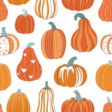 Çizgi film karakteri balkabakları kusursuz desen. Balkabaklarının sonbahar dekoratif arka planı. Şükran Günü, hasat, Cadılar Bayramı ve diğer mevsimsel tasarımlar için sonbahar dokusu. Vektör illüstrasyonu.