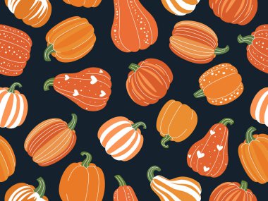 Çizgi film karakteri balkabakları kusursuz desen. Balkabaklarının sonbahar dekoratif arka planı. Şükran Günü, hasat, Cadılar Bayramı ve diğer mevsimsel tasarımlar için sonbahar dokusu. Vektör çizimi. Koyu arkaplan.