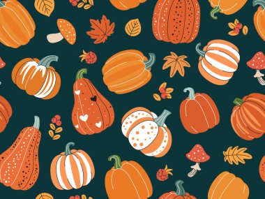 Sonbahar balkabağı çizgi film desenli balkabakları, mantarlar, böğürtlenler ve yapraklar. Dekoratif, kusursuz bir arka plan. Şükran Günü, hasat, Cadılar Bayramı ve diğer mevsimsel tasarımlar için sonbahar dokusu. Vektör illüstrasyonu.