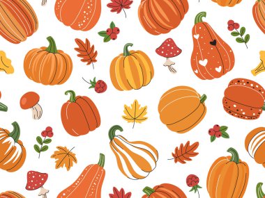 Sonbahar balkabağı çizgi film desenli balkabakları, mantarlar, böğürtlenler ve yapraklar. Dekoratif, kusursuz bir arka plan. Şükran Günü, hasat, Cadılar Bayramı ve diğer mevsimsel tasarımlar için sonbahar dokusu. Vektör illüstrasyonu.